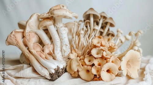 a group of mushrooms sitting on top of a white table cloth in front of a white wall in a room.