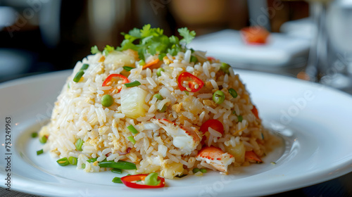 Appetizing crab fried rice on white plate