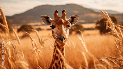 Giraffe standing on african savannah, wilderness nature reserve, wild animal in natural habitat
