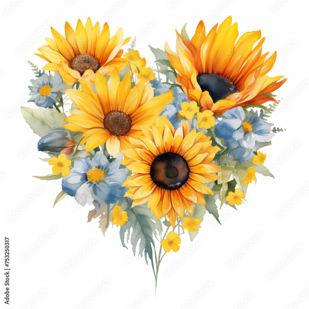 Naklejka premium Sunflower and blue fower watercolor bouquet on white background