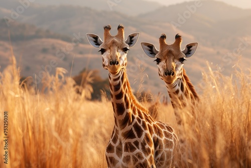 Two graceful giraffes standing tall in the vast african savannah wilderness