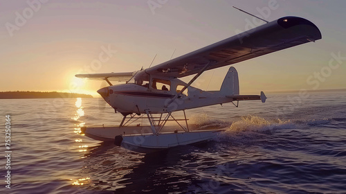 a sea plane flying over a body of water with a person standing on the front of it's side.