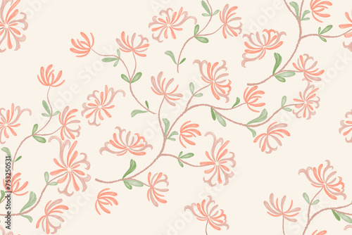 Pink flower pattern seamless background border frame. Vector illustration hand drawn peach pink honeysuckle floral with branches leaves. 