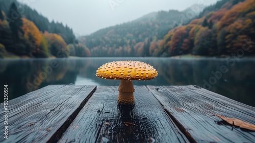 a yellow mushroom sitting on top of a wooden table next to a body of water with trees in the background. photo