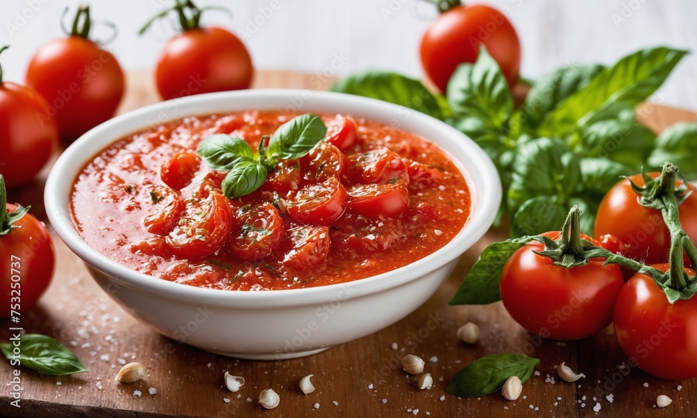 Tomato sauce with basil and pine nuts in a white bowl. Tomato sauce with basil and pine nuts in a white bowl.