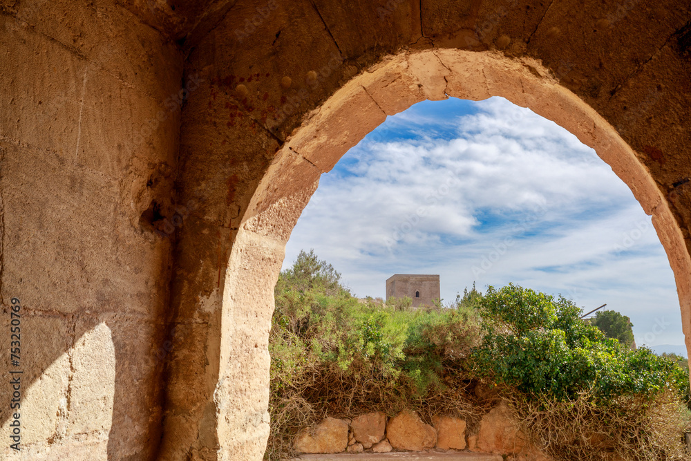 View from the door of the Espolon tower of the medieval castle of Lorca, Region of Murcia, Spain, with the Alfonsina tower in the background
