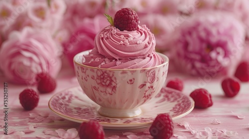 a pink cupcake on a saucer with raspberries on a saucer and flowers in the background.