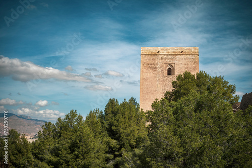 View of the imposing Alfonsina tower of the medieval castle of Lorca, Region of Murcia, Eepaa, in daylight