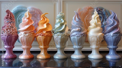 a row of different colored ice creams on a counter in front of a white wall and a black counter. photo