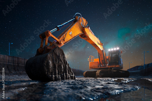 Nighttime Operation of Hydraulic Excavator at Industrial Quarry
