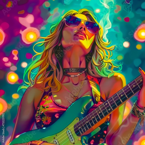 Bella  guitarrista  rubia  muy colorida  dise  o pop muy iluminada tocando en un escenario la guitarra.