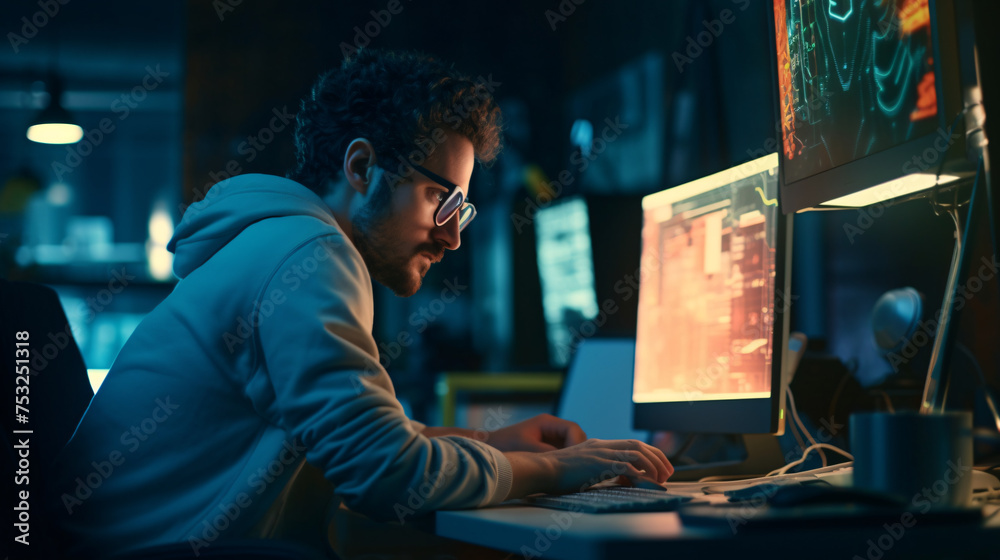 Side view of concentrated man in eyeglasses using computer at night Side view of concentrated man in eyeglasses using computer at night