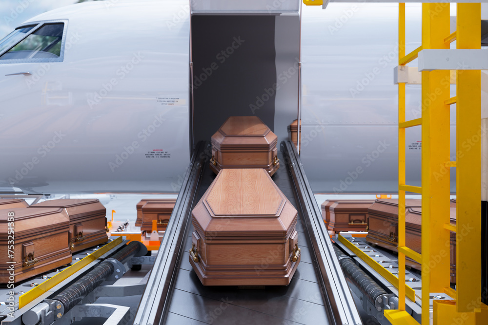Naklejka premium Airport Cargo Terminal Handling Deceased's Coffins on Conveyor Belt