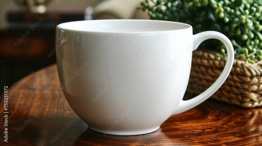 a white coffee cup sitting on top of a wooden table next to a basket of green beans on top of a wooden table. a white coffee cup sitting on top of a wooden table next to a basket of green beans on top of a wooden table.