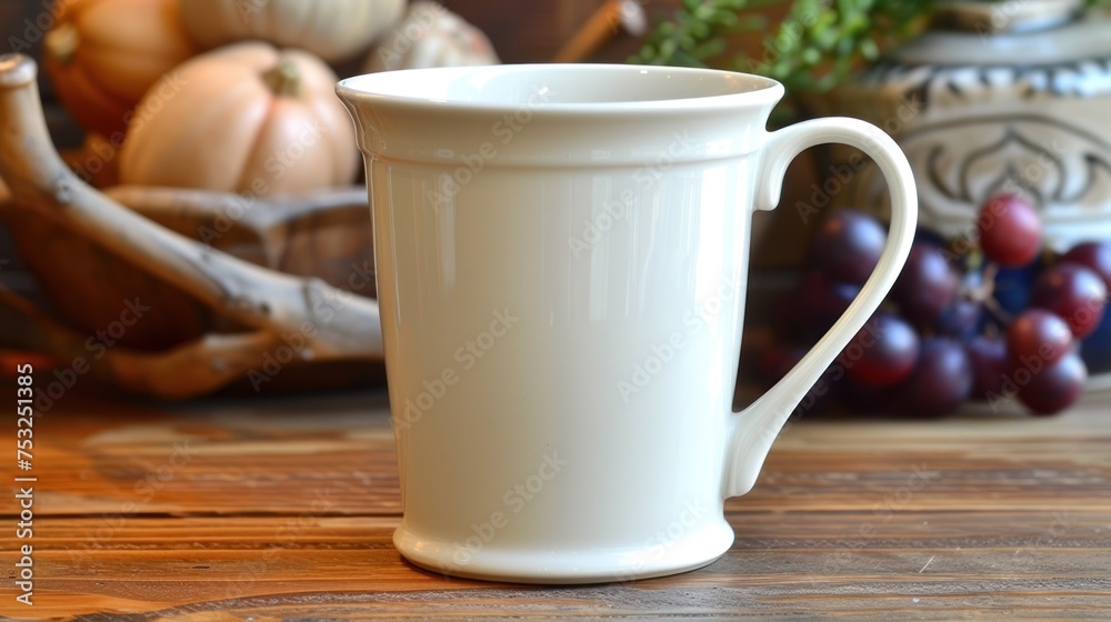 a white cup sitting on top of a wooden table next to a basket of pumpkins and gourds. a white cup sitting on top of a wooden table next to a basket of pumpkins and gourds.