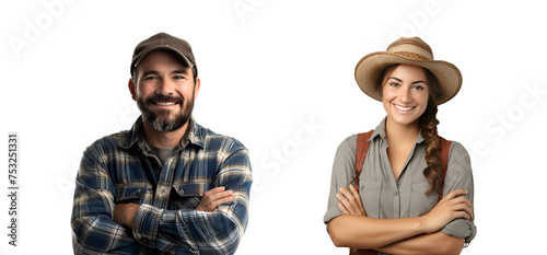 Set of farm people: Close-up portrait of a man and woman with crossed arms, Isolated on Transparent Background, PNG