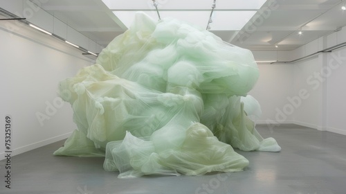 a white sculpture in a white room with a skylight above it and a white wall in the middle of the room. photo