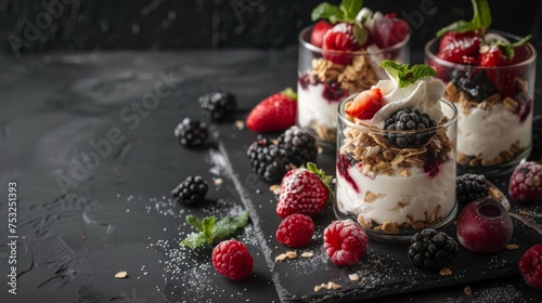 Assorted berries in dessert cups with granola and cream. Elegant food presentation for gastronomy and recipe design on a black textured background