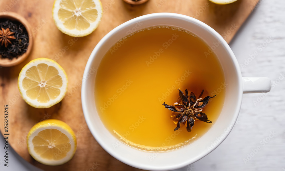 Cup of tea with lemon on a wooden table, top view Cup of tea with lemon on a wooden table, top view