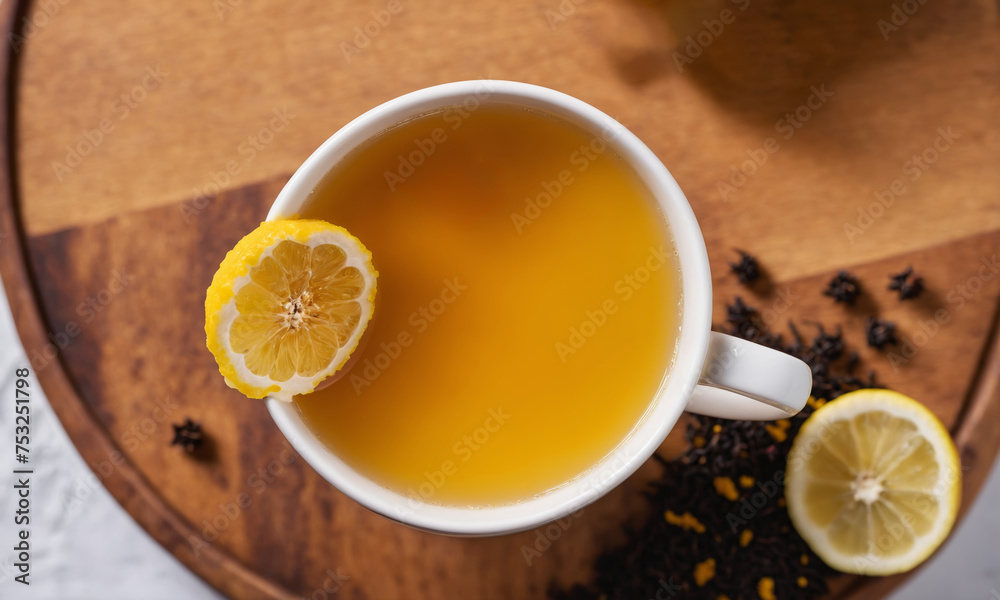 Cup of tea with lemon on a wooden table, top view Cup of tea with lemon on a wooden table, top view