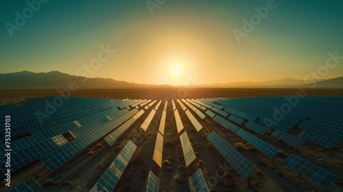 desert area full of solar panels to the end of the horizon  sunset 