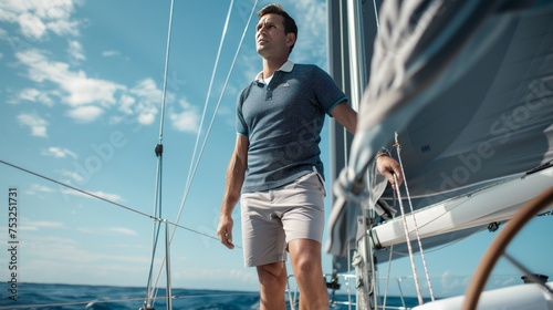 a man, wearing shorts and polo shirt standing on a sailboat, in the style of a mockup 