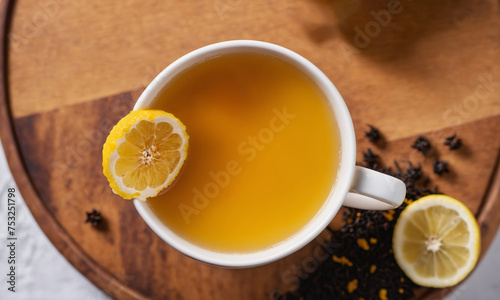 Cup of tea with lemon on a wooden table, top view