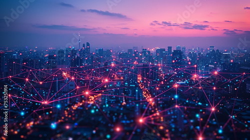City skyline at dusk with glowing  interconnected network lines.
