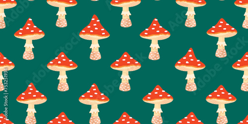 Bright seamless pattern of fly agaric mushrooms.Cartoon fungus with red cap on blue background.Decorative boletus print on fabric and paper.Endless wallpaper,cover,banner template.Vector illustration.