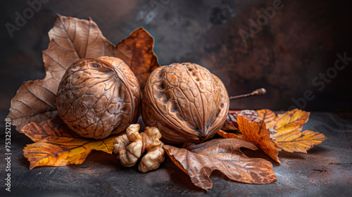  a group of nuts sitting on top of a table next to leaves and acorns on top of a table.