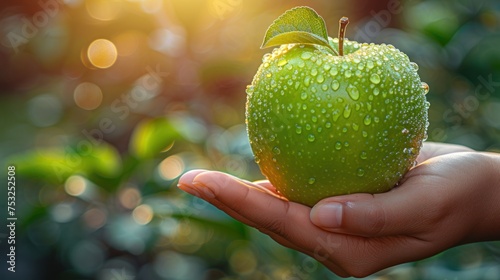 a person's hand holding a green apple with a green leaf and water droplets on the top of it. photo