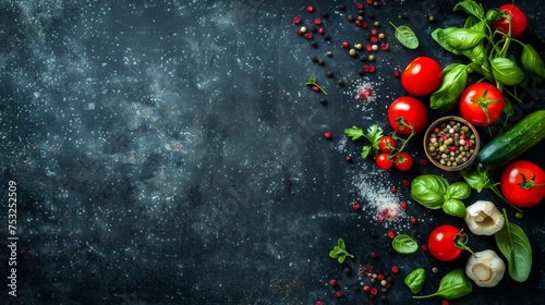  tomatoes, basil, garlic, garlic, pepper, and pepper on a dark background with sprinkles.
