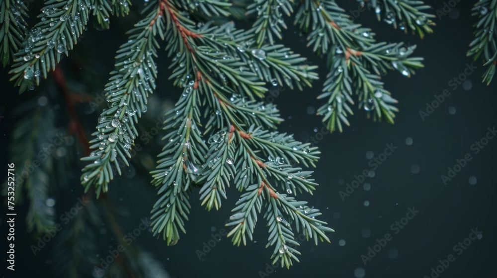  a close up of a pine tree branch with drops of water on it and a dark background with small drops of water on the branches.