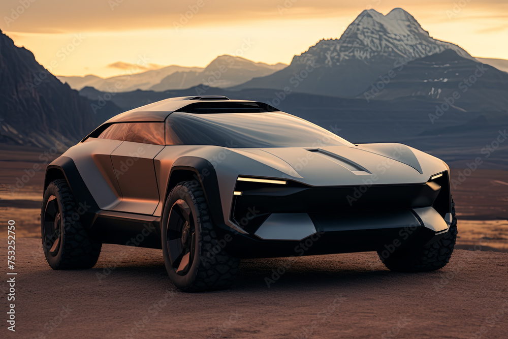 Naklejka premium Sci-Fi Concept SUV with Mountains in the Background - GENERATIVE AI