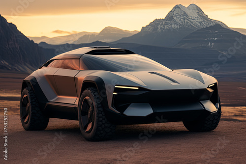 Sci-Fi Concept SUV with Mountains in the Background - GENERATIVE AI © Ziggys Emporium