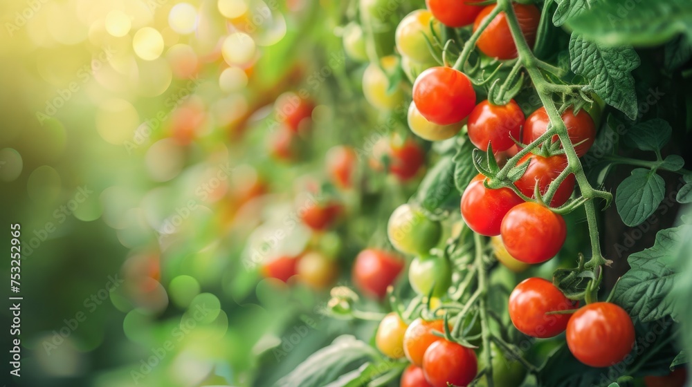  a close up of a bunch of tomatoes growing on a vine with green leaves and bright sunlight in the background.