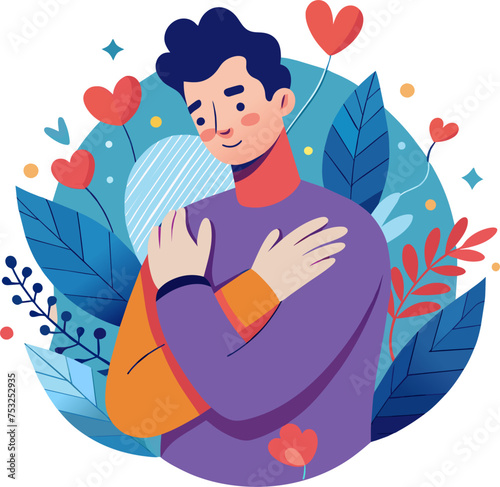 minimalist flat illustration of Matura man in self-acceptance vector graphic