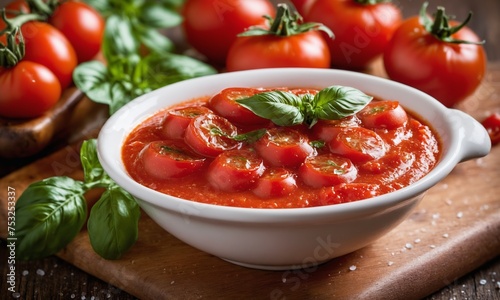 Tomato sauce ingredients, cherry tomatoes, garlic, basil, pepper and salt on wooden background
