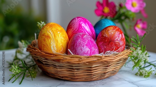 a basket filled with colorfully painted eggs on top of a table next to pink and purple flowers and greenery.