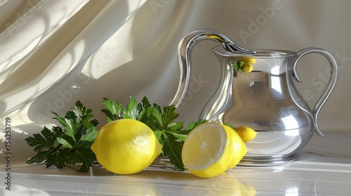 a silver pitcher, lemons, parsley and parsley on a marble counter top with a white curtain in the background. photo