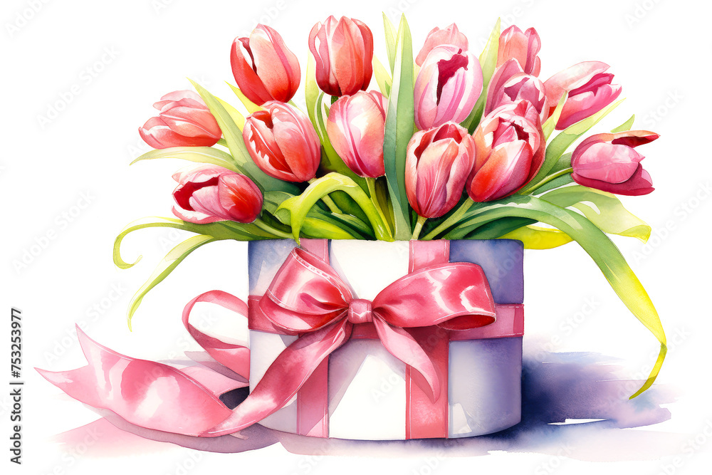 A vibrant bouquet of tulips in a gift box adorned with a ribbon. Concept of spring, fresh blooms that symbolize renewal and beauty. Perfect for Woman's Day, Mother’s Day, birthday card. A vibrant bouquet of tulips in a gift box adorned with a ribbon. Concept of spring, fresh blooms that symbolize renewal and beauty. Perfect for Woman's Day, Mother’s Day, birthday card.