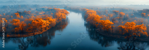 Aerial Photography of Autumn Scenery in Mulan, Fall Foliage Reflected in a Lake Tranquility Natural Light