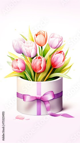 Gift box with various tulips. Woman's Day, Mother’s Day, birthday card. Concept of spring. Fresh blooms symbolize renewal and beauty.