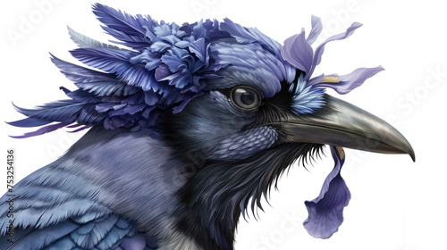 a close up of a blue bird with purple flowers on it's head and a black bird with blue feathers on it's head. photo