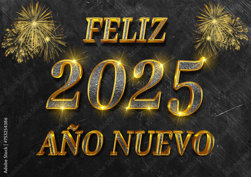 tarjeta o pancarta para desear un feliz año nuevo 2025 en dorado y gris sobre un fondo negro y