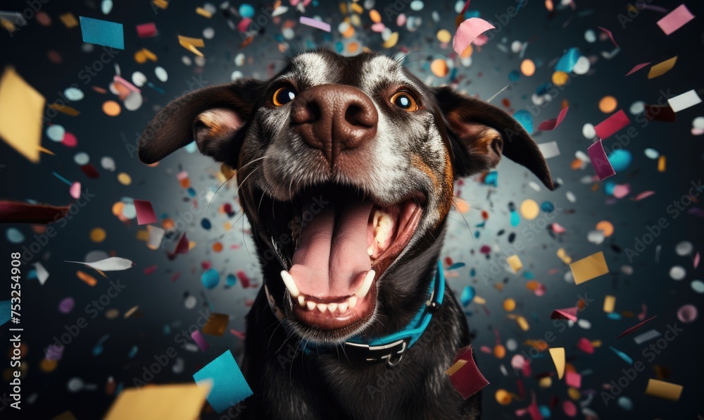 A festive happy cute dog celebrating birthday with confetti falling - obrazy, fototapety, plakaty 