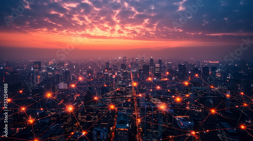 Twilight cityscape with interconnected red lines representing a network. © tiagozr