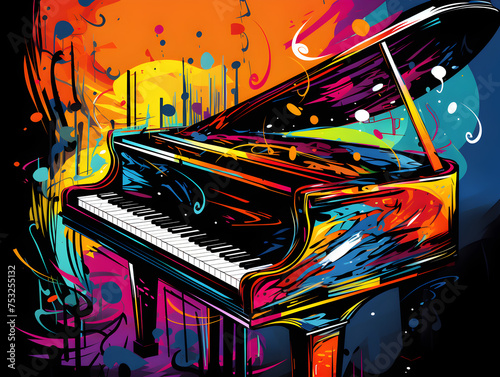 Colorful illustration background of a piano with notes