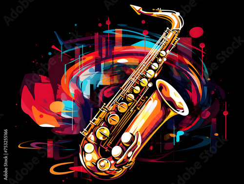 Colorful illustration of a saxophone instrument on dark background