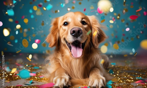 A festive happy cute dog celebrating birthday with confetti falling